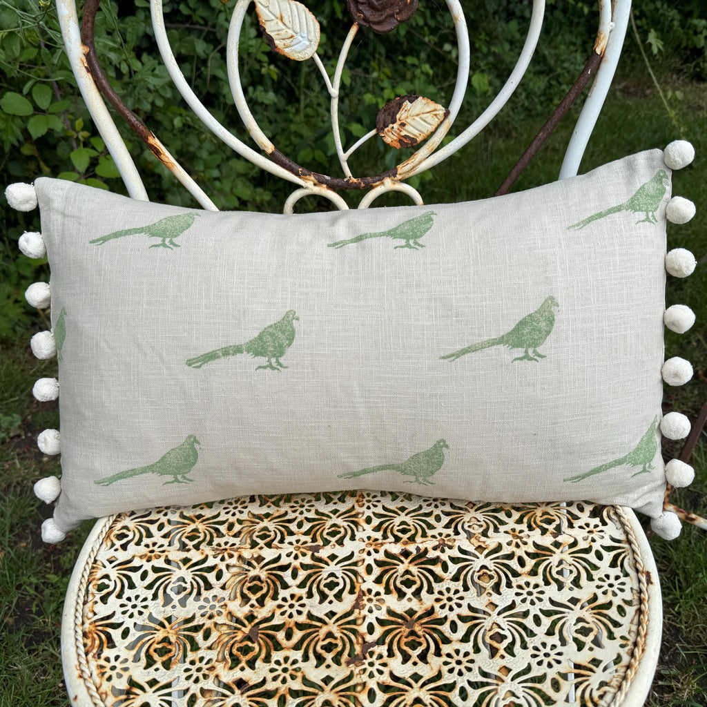 The Bold Pheasant Cushion - Light Green with Cream Pom Poms
