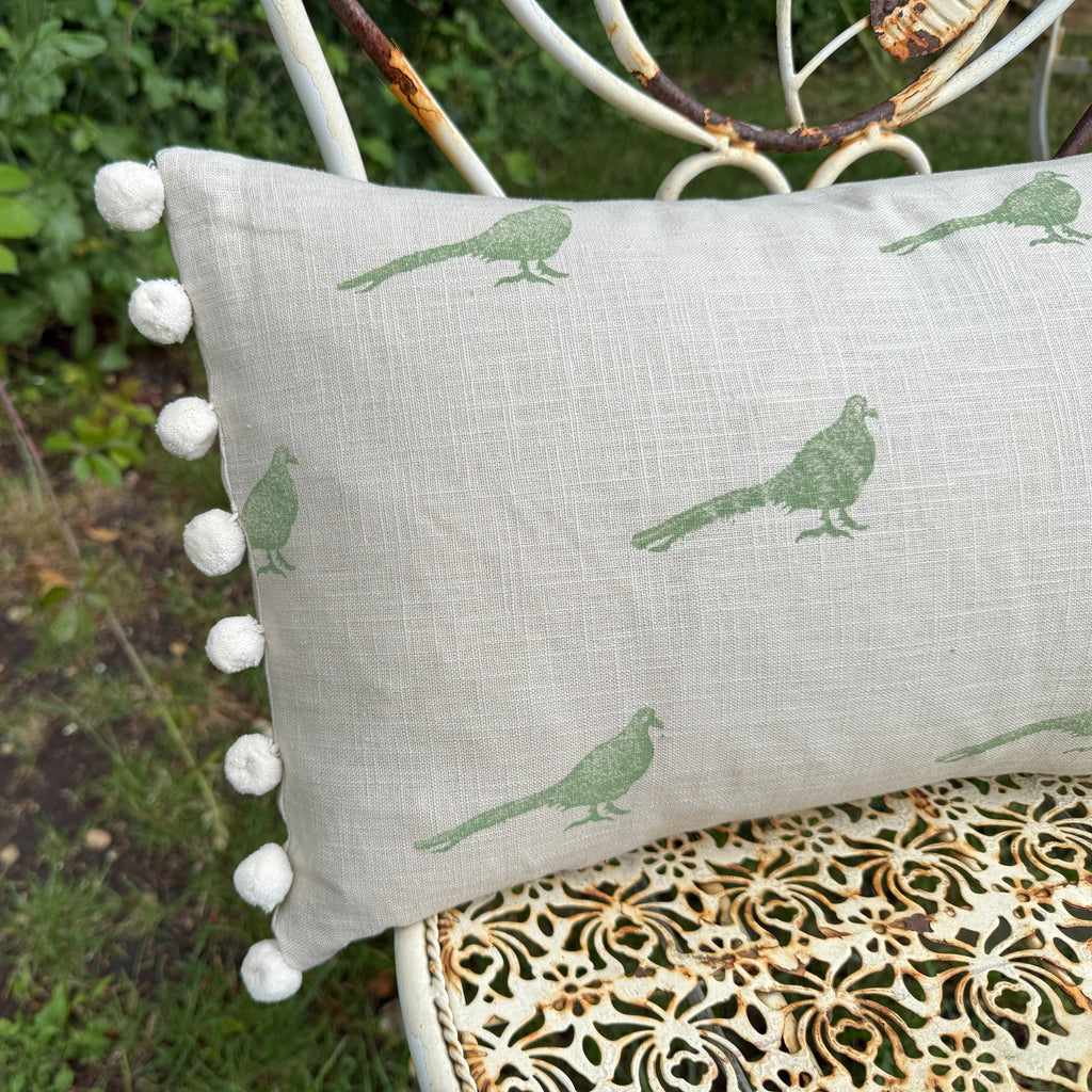 The Bold Pheasant Cushion - Light Green with Cream Pom Poms