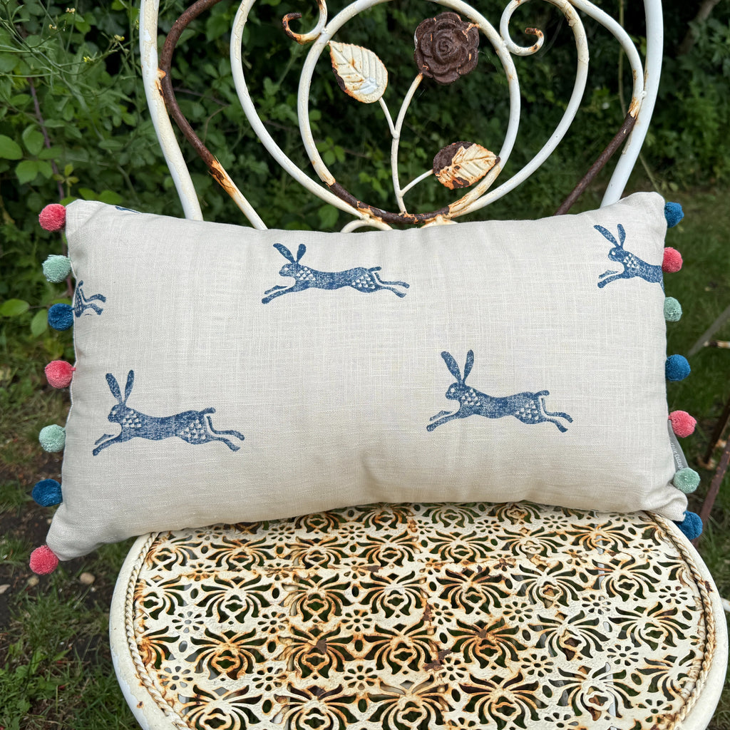 Running Hare Cushion - Pink, Navy & Aqua Pom Poms