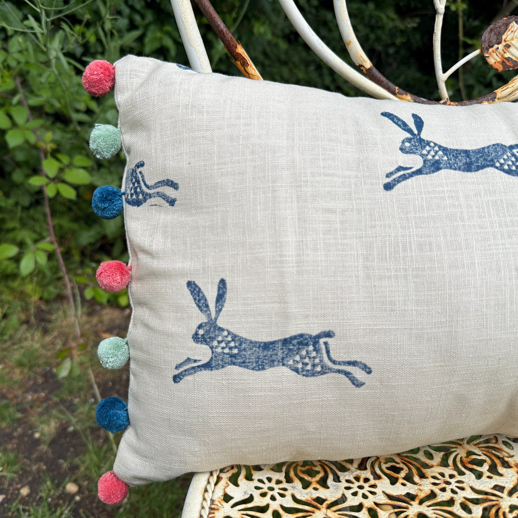 Running Hare Cushion - Pink, Navy & Aqua Pom Poms