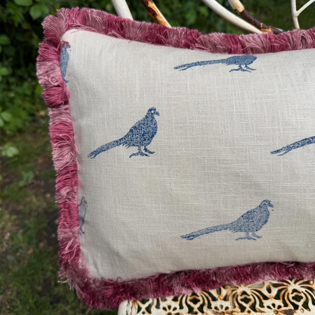 The Bold Pheasant Cushion - Navy and Pink Fringe